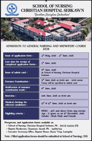 SCHOOL  OF  NURSING, CHRISTIAN  HOSPITAL  SERKAWN   ADMISSION NOTICE