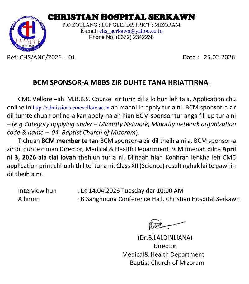 BCM SPONSOR-A MBBS ZIR DUHTE TANA HRIATTIRNA.